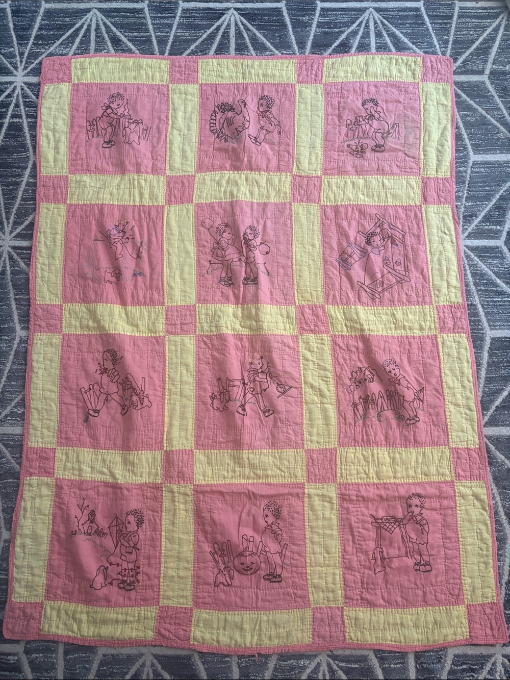 Vintage Pink and Yellow Patchwork Baby Quilt with Embroidered Design